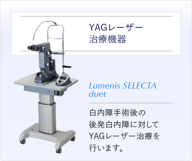 YAGレーザー治療機器 白内障手術後の後発白内障に対してYAGレーザー治療を行います。